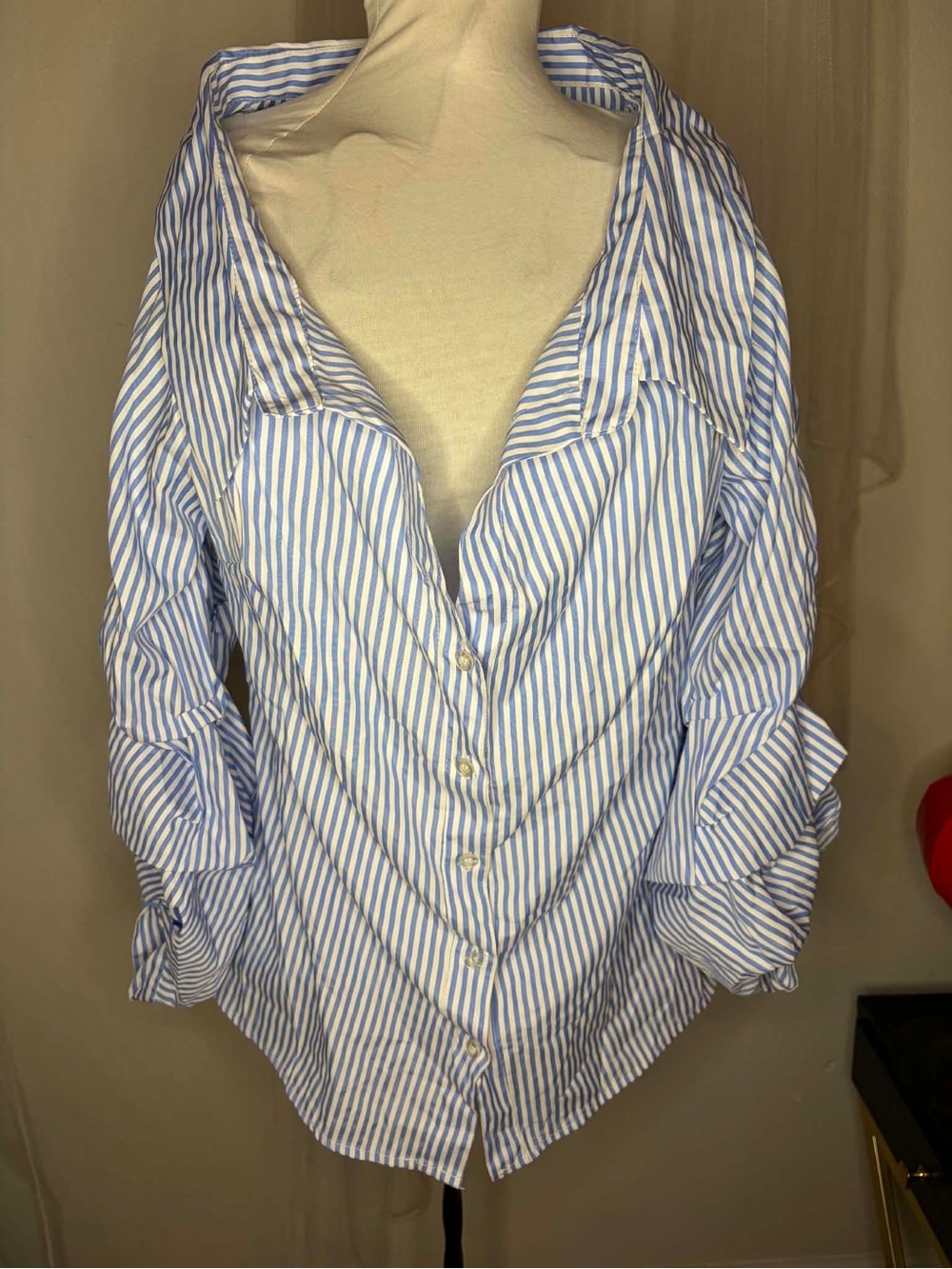 Shein Blue and White Striped Button-Up off the shoulder Shirt Large